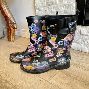 Capelli New York Lined Rubber Rain Boots, Black/Floral